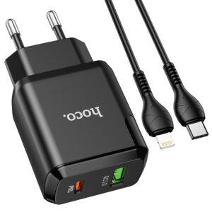 СЗУ HOCO N5 Favor dual port PD20W+QC3.0 charger set(Type-C TO Lightning)(EU) black