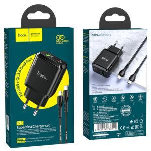 СЗУ HOCO N5 Favor dual port PD20W+QC3.0 charger set(Type-C TO Lightning)(EU) black