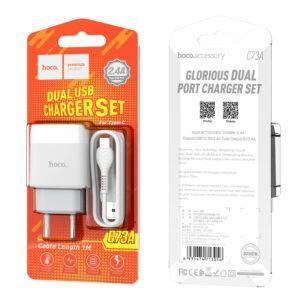 СЗУ HOCO C73A Glorious Dual port 2.4A Type-C white