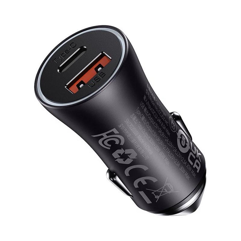 АЗУ Baseus Golden Contactor Max Dual Fast Charger Car Charger U+C 60W Dark Gray АЗУ Baseus Golden Contactor Max Dual Fast Charger Car Charger U+C 60W Dark Gray