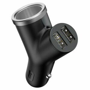 АЗУ Baseus Y type dual USB+cigarette lighter extended car charger Black