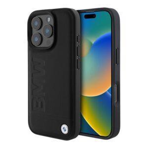 BMW для iPhone 16 Pro Max чехол Signature Leather Metal logo Hard Black (MagSafe)